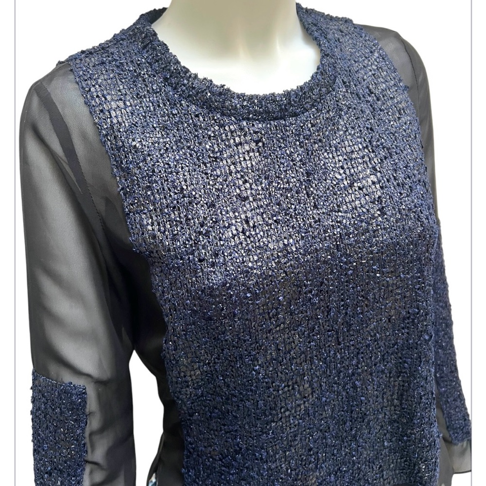 Aryn K Anthropologie Blue‎ Sheer Blouse Knit Sequins Panel Hi Low Bling Bohemian